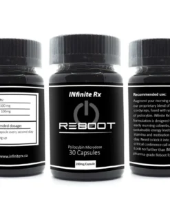 3 bottles INfinite Rx brand Reboot model wellness supplement container with a sleek secure closure