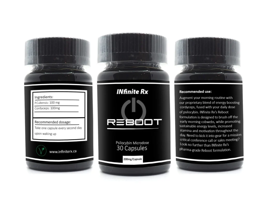 3 bottles INfinite Rx brand Reboot model wellness supplement container with a sleek secure closure